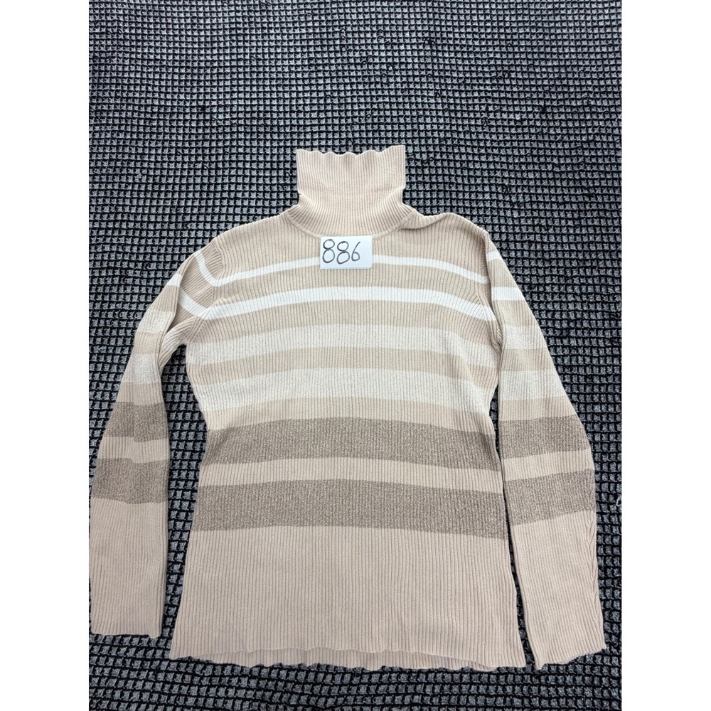 Liz Claiborne Turtleneck Sweater Womens Large Beige Striped Ribbed